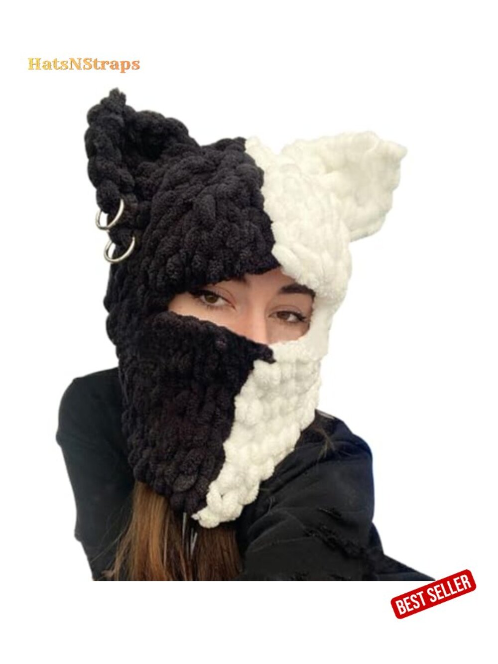 Thickened Crochet Knit Balaclava with Bunny Ears Scarf Mask Thermal Headwear